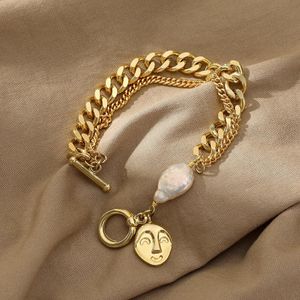 Link Chain Multilayer Freshwater Pearl Cuban 14k Real Gold Plated Abstract Face Pendant Armband Women Men Barock smyckespresent