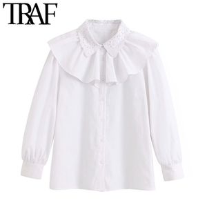 Kadın Tatlı Moda Nakış Ruffled Beyaz Bluzlar Vintage Puf Kol Düğmeleri Kadın Gömlek Blusas Chic Tops 210507