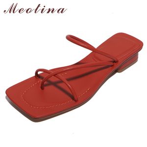 Slippers Women Flip Flops Low Heels Slides Female Narrow Band Square Toe Shoes Ladies Summer Causal Sandals Red Size 43 210517