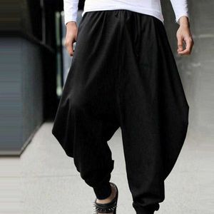 Hiphop Men Ankle Tied Drop Crotch Cotton Trousers Loose Drawstring Long Pants Male Xmas X0723