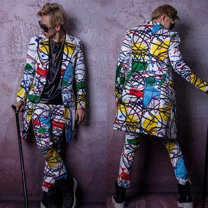 Personality Graffiti Pattern Long Coat Pant Men's Suits Nightclub Bar Dancer Performance Costume Singer Concert Stage Outfits X0909