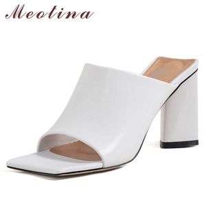 Meotina Women Slippers Shoes Genuine Leather Sandals Super High Heel Slides Square Toe Thick Heel Ladies Footwear Summer White 210608