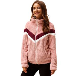 Dragkedja Ficka Contras Färg Långärmad Turtleneck Plush Vintage Coat Sweatshirt Kvinnor Streetwear Casual Plus Storlek Sweatshirts 210608