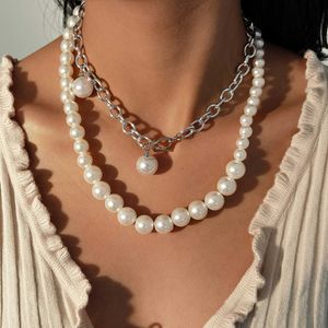 Ingesight.z 2pcs / set multilayer imitation pearl vrede lasso choker halsband chunky tjocka kubanska kedja hängande halsband smycken y0528