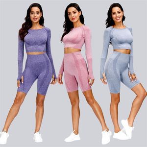 2 sztuk Wysoka talia Vital Seamless Yoga Zestaw Pięć Szorty Siłownia Trening Ubrania Z Długim Rękawem Fitness Crop Top Sport Suit Sportswear 210813