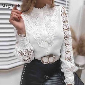 Vintage manga comprida camisa de renda branca mulheres tops primavera patchwork oco out boton shirts sexy malha crochet blusa floral 13267 210512