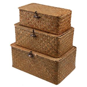 Rattan tkany schowek pudełko odzież zabawki uchwyt ręcznie robione pudełka biżuterii słomy wiklinowy kosz z pokrywką Home sundries Makeup Organizer 210609