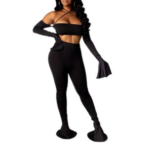 Wholesale black boat neck top resale online - Women Casual Two piece Clothes Set Solid Color Boat Neck Crop Top Flared Long Pants Black Green Women s Tracksuits