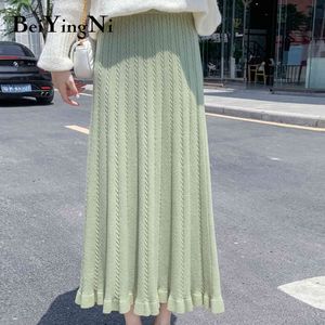 Beiyingni Oversized Knitted Skirts Lace Slim Fashion Autumn Winter Casual Korean Style Pleated Long Midi Skirt Women Stripe 210416