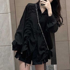 Kore Gevşek Siyah Yaka Bluz Kış Tasarımcısı Kadınlar Uzun Kollu Harajuku Tops Bahar Rahat Ofis Moda Lady Giysileri 210604