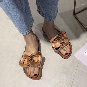 Summer Open Toe Slippers Suede Leather Rubber Sandals For Women Garden Flat Slides Chain Designer Shoes Mules Zapatos1