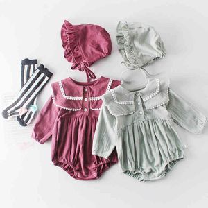 Spring Baby Girls Bodysuits Lapel Long Sleeve Jacket Cotton Jumpsuit Crawling Cap Clothes 210429