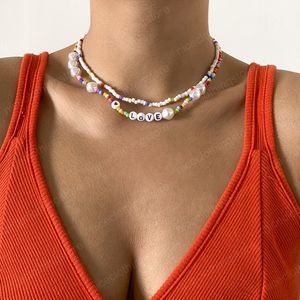 Bohemian Imitation Perle Choker Halskette Bunte Perlen Liebe Brief Mehrschichtige Kette Halskette Für Frauen Mode Schmuck