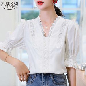Sommar blus för kvinnor Casual v-hals spets vit skjortor fast färg puff ärm sommar kvinna toppar och blusar blusas 210527