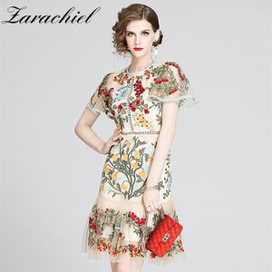 Gorgeous Flower Embroidery Hollow Out Slim Ruffles Women Elegant Butterfly Sleeve O-Neck Party Summer Dress Mesh Vestidos 210416