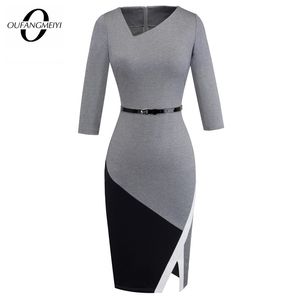 Women Formal Knee-Length Asymmetrical Neck Wear to Work Dresses Business Office Bodycon Elegant Pencil Dress EB290 210331