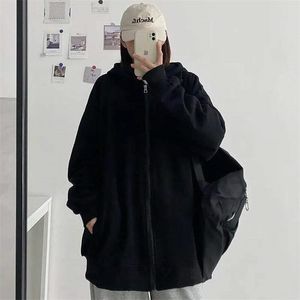 Sonbahar Kış Kadın Harajuku Kore Versiyonu Kapşonlu Güneş Koruma Ceket Retro Öğrenci Kız Üst Kadın Hoodie Fermuar Kazak 210927