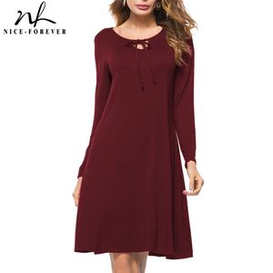 Nice-forever Autumn Solid Color with stripes Dresses Casual Loose Shift Straight Women Dress btyT021 210419
