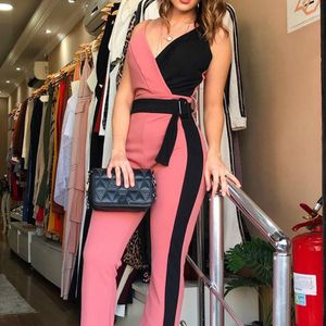 Kadın Tulum Patchwork Siyah Beyaz V Boyun Spagetti Kayışı Bel Kemeri Ile Pembe Mavi Kadın Seksi Tulum Rompers Moda 210416