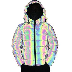 Giacca da parka invernale riflettente arcobaleno colorato Giacca a vento da donna che riflette il parka con cappuccio bagliore Cappotto imbottito caldo da uomo giovane