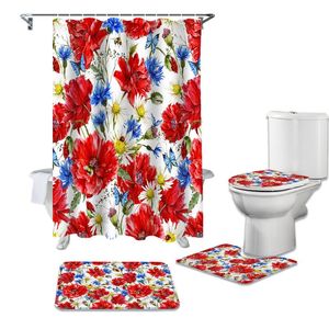 Rote Mohn Gänseblümchen Blumenduschvorhang Sets Nicht Schlupfteppiche Toilettendeckel und Badematte wasserdichte Badezimmervorhänge