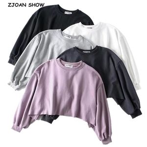 Boy Harajuku Hem Burrs Uzun Kollu Kırpılmış Kazak Kadın Püskül Yüksek Bel Gevşek Hoodies Rahat Jumper Kısa Terlemeler 210429