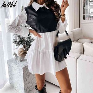 Abito da camicia bianco patchwork in ecopelle donna Primavera Abito casual scozzese manica lunga scozzese Lady Mini A Line Office Vestidos 210514