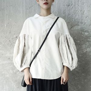 Johnature Women Vintage Patchwork Shirts Bomull Linne Blusar Höst Mode Kvinna Kläder Vit Skjortor och Tops 210521