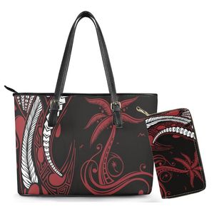 Cosmetische tassen gevallen Cumagical Designer Custom Red Polynesian Tribal Leaf Handtas voor vrouwen Grote capaciteit Dames Mode Schouder