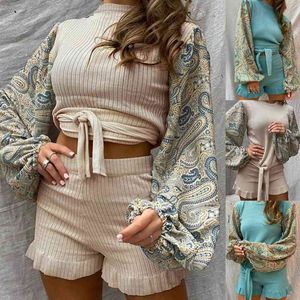 Kadınlar Sonbahar Nervürlü 2 Parça Kıyafetler Paisley Baskı Fener Uzun Kollu Kravat Ön Kazak Kırpma Üst Ruffles Şort Pijama Lounge X0428