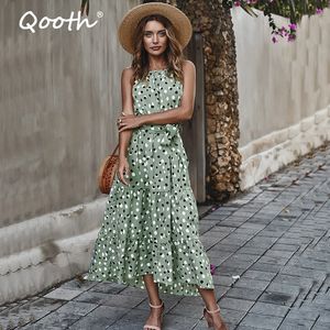 Qooth Sommer Bohemian Urlaub Strand Frauen Kleid Polka Dot 5 Farben Big Swing Kleid Strap Chiffon Knöchel Länge Kleider QT006 210518