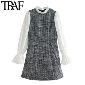TRAF Женщины сладкие моды лоскутная проверка Tweed Mini платье старинные фонарь рукав задняя молния женские платья mujer 210415
