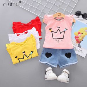 Toddler çocuk kızlar uçmak sleeve tops kalp baskı kot 2 adet giysi seti rahat kıyafet takım elbise set yaz bebek giyim x0902