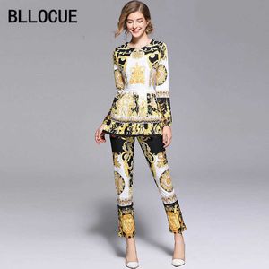 BLLOCUE High Quality Fashion Designer Runway Suit Set Women's Long Sleeve Vintage Print Tops + Pants Two Piece 210930
