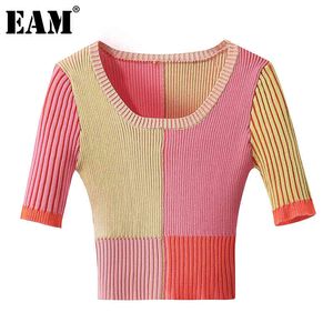 [EAM]編み物ピンクスプライスセータールーズフィットラウンドネック半袖女性プルオーバーファッションスプリングサマー1DD7426 21512