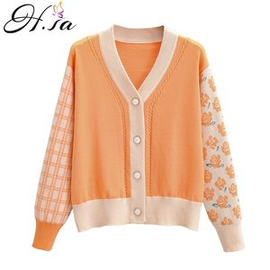 H.Sa Jesień Zima Kobiety Moda Cardigans Retro Vintage Casual Pomarańczowy Patchwork Knitwear Kwiatowy sweter Kurtka 210417