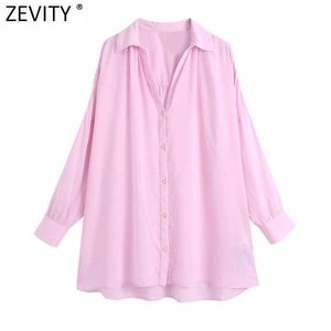 Zevity kvinnor helt enkelt rosa färg överdimensionella tröjor Kvinna tillbaka Platser Solskyddsmedel Sommarblus Roupas Chic Button Chemise Toppar LS9369 210603
