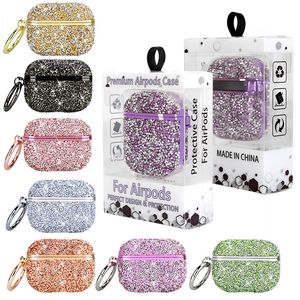 Bling Glitter Full Diamond Plating Trådlös Hörlurar Tillbehör Stötskyddad skyddsväska med Keychain Hook Retail Package för Apple AirPods 1 2 Pro 3 AirPods3