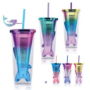 350ml AS Double-layer Plastic Tumbler Gradient Color Mermaid Tail Electroplated Sequined Water Cups with Straws