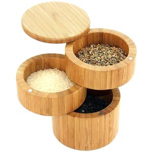 Bamboo Triple Salt Case Bamboo Bamboo Box per Pepper Spice Celles Contenitore di stoccaggio con coperchi magnetici girevoli Utensili da cucina