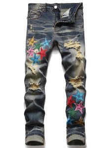 Retro rozciągliwe męskie dżinsy projektant mody poszarpane dziury spodnie dżinsowe męskie hafty pięcioramienna gwiazda spodnie Pantalones de hombre