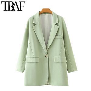 Women Fashion Single Button Loose-fitting Blazers Coat Vintage Long Sleeve Pockets Female Outerwear Chic Tops 210507