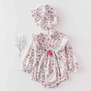 Spring Baby Girls Bodysuits Cotton Girl's Small Floral Långärmad Hardcover One-Piece Creeper With Hat 210429