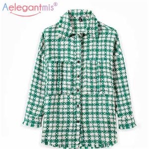 AELEGANTMIS VINTAGEポケット特大PLAIDツイードジャケット女性のファッションラペルカラーコート女性ルーズアウターワーク韓国210607