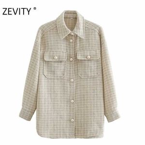 Zevity Women Vintage Plaid Fickor Skjorta Kvinnor Långärmad Pearl Knappar Outwear Coats Casual Chic Jacket Tops CT566 210603