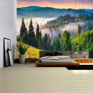 Green Forest Tapeçaria Grande árvore 3D Fantasy Plant Sunlight Natural Scenery Rio Bambu Parede Floresta Pendurar Home Decor 210609