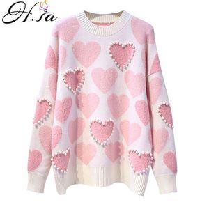 H.SA Mulheres de malha suéter e pulôvernoe oneck pérolas perolização suéteres coração doce puxar jumpers manga longa kawaii pull femme 210806