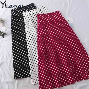 Verão Casual Chiffon Imprimir Dot-Print Saia Feminino Cintura Alta Midi Plissado Das Mulheres Preto Branco Vermelho Vermelho Longo Streetwear 210421