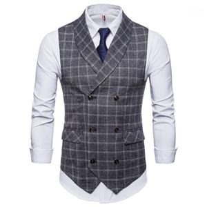 Men's Vests Sleeveless Jacket Men Plaid Slim Fit Vest Waistcoat Double Breasted Gilet Casual Business Suit Male Wedding Dress