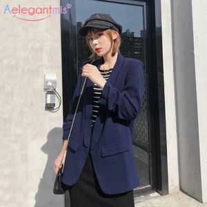 Aelegantmis Frühling Drei Viertel Hülse Casual Blazer Frauen Lose Lange Arbeit Anzug Mantel Büro Dame Mode Klassische Feste Blazer 210607